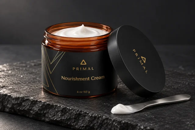 Primal Nourishment Cream jar with black and gold label