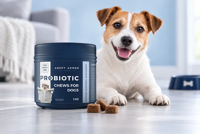 Adept Warrior probiotic supplement jar and dog
