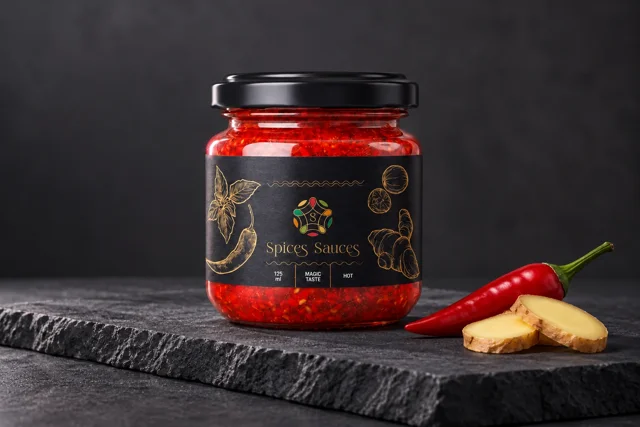 Glass sauce jar with dark label and gold accents