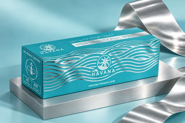Turquoise Havana foil roll box with silver line pattern