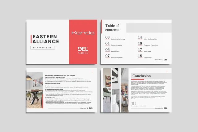Eastern Alliance presentation cover and slides with Kondo and DEL Suites branding